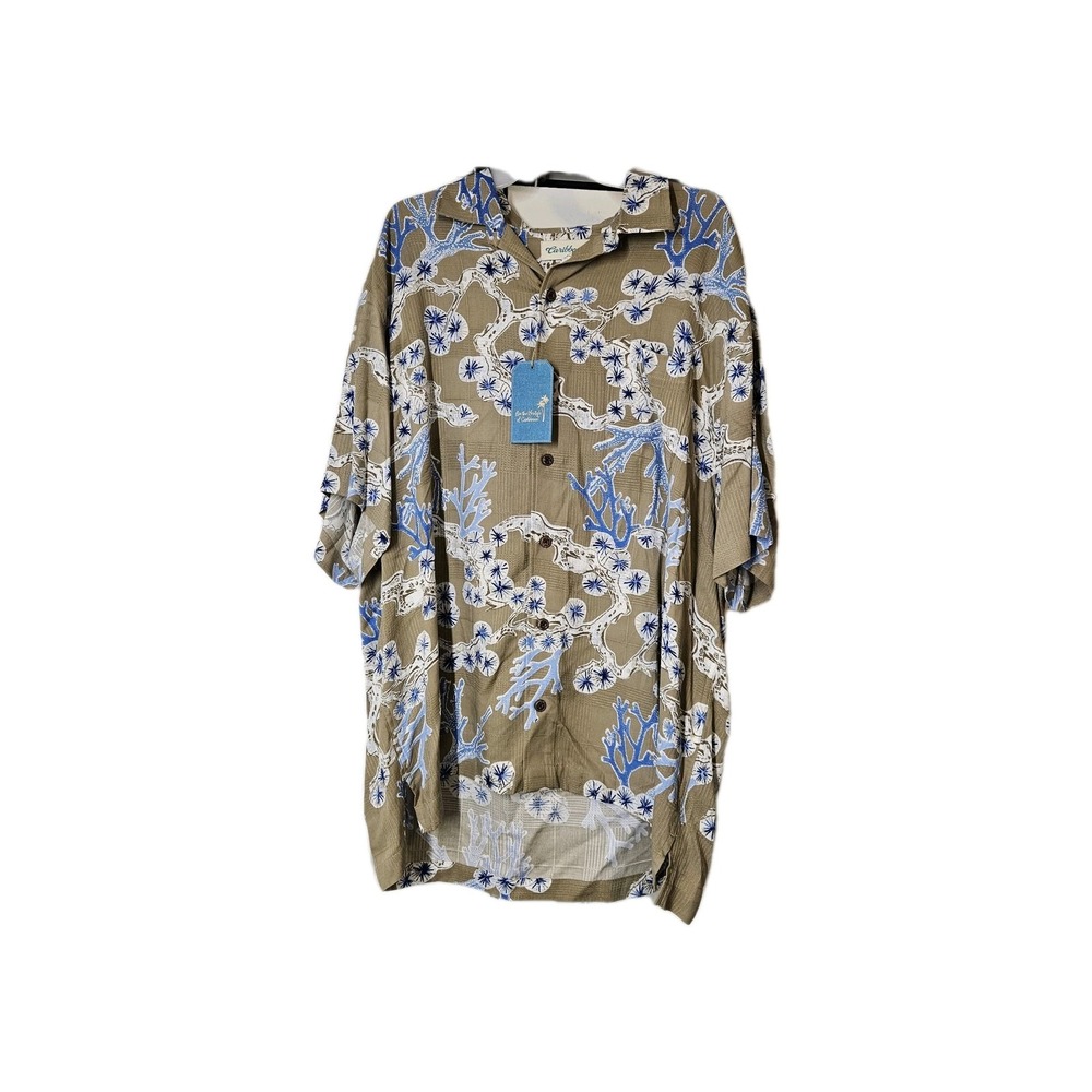 Caribbean Roundtree & Yorke  Floral Piping Button Front Shirt Short Sleeve XL